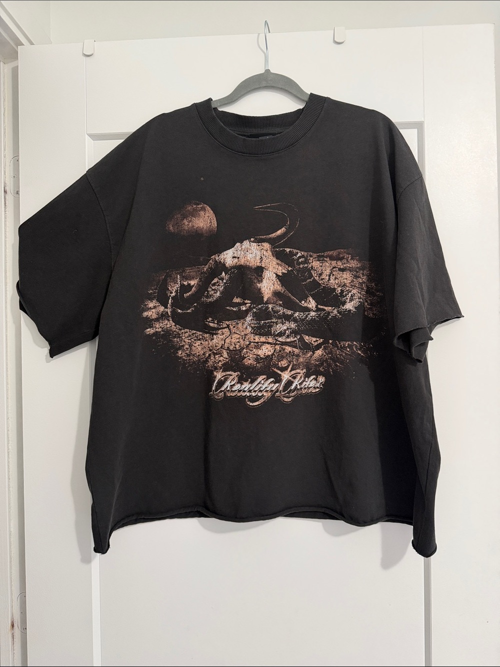 H&M Black Tee with Distressed Brown Graphic